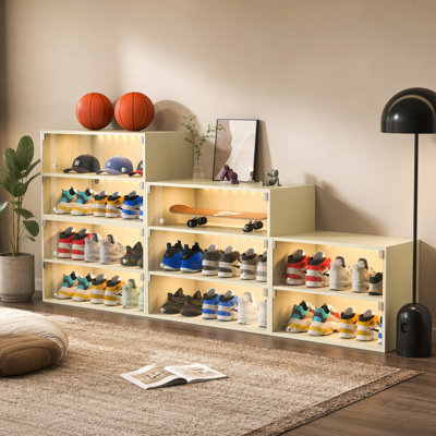 Off white Glass Door Shoe Box Shoe Storage Cabinet For Sneakers With RGB Led Light