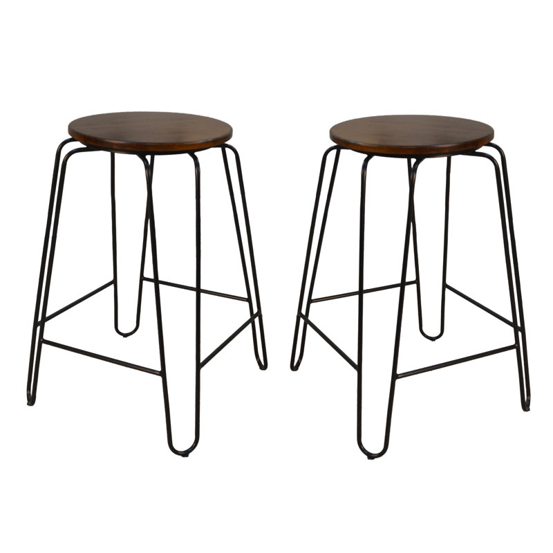 Tabouret de comptoir moderne noir de 24 po avec pieds en fer thermolaqué durable, Orme, Noir