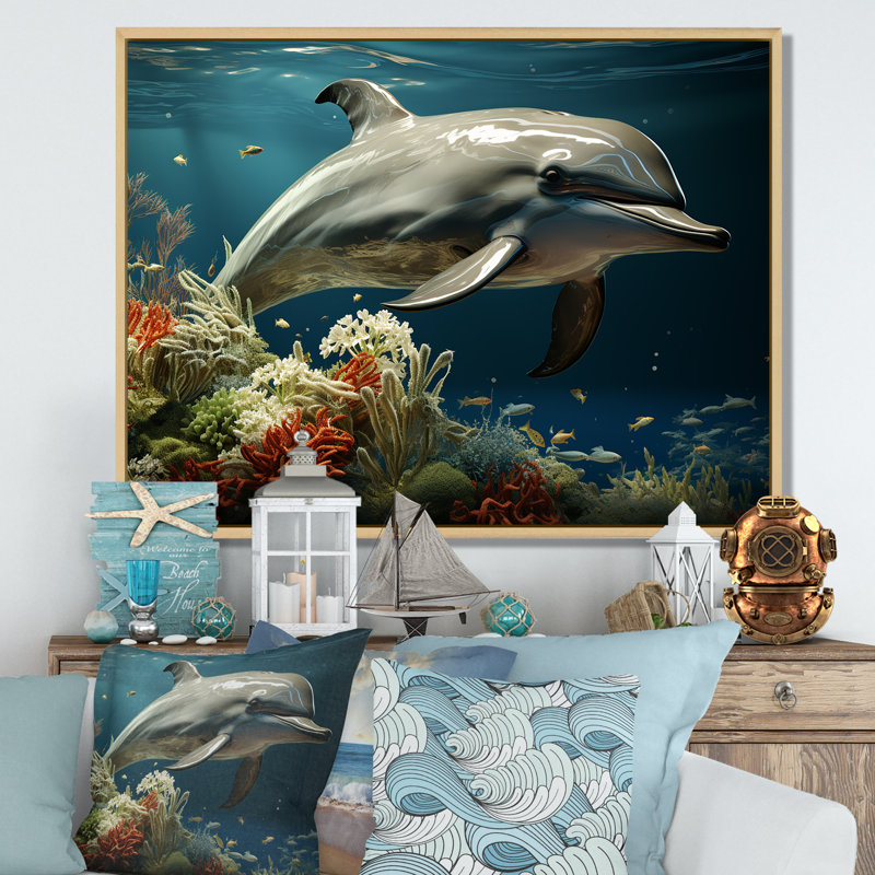 Dauphin éternel dansant III sur toile, H 30 po x l 40 po x P 1,5 po, Toile tendue