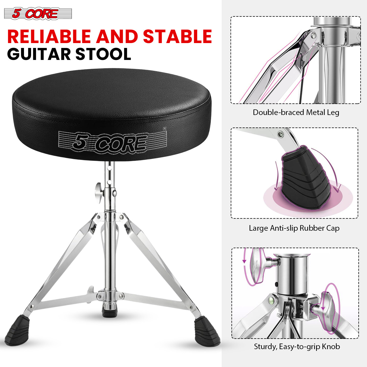 5 Core Drum Throne Adjustable Guitar Stool Padded Seat + Drum Practice