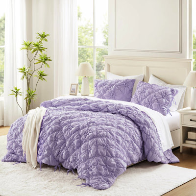 Édredon mauve à motif floral double / grand 3 pièces mauve, microfibre douce, conception gonflée avec froncement élastique - pour votre confort mauve, toutes saisons et lavable à la machine