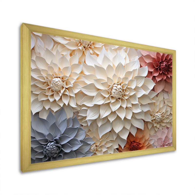 Bouquet de fleurs de dahlia I sur toile, Cadre doré simple, H 24 po x l 32 po x P 1 po