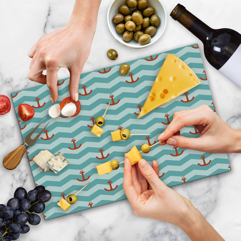 Ambesonne Marine Cutting Board Large Size Pattern Anchor Stripe Turquoise Red