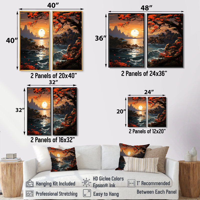 Décor de coucher de soleil japonais avec côtes japonaises - vue côtière 1, H 36 po x l 48 po, Toile tendue, Ne s’applique pas