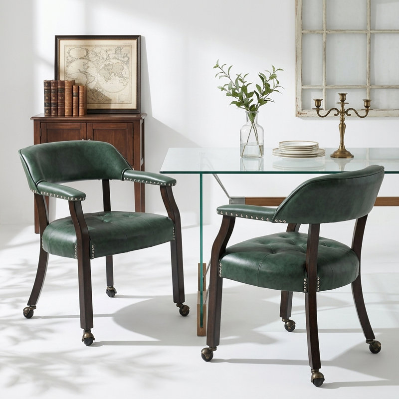 Wexford Collection Set of 2 Mid-Century Modern Upholstered Dining Chairs, Faux Leather Wood Accent Chairs with Arms and Casters for Dining Room, Kitchen or Office