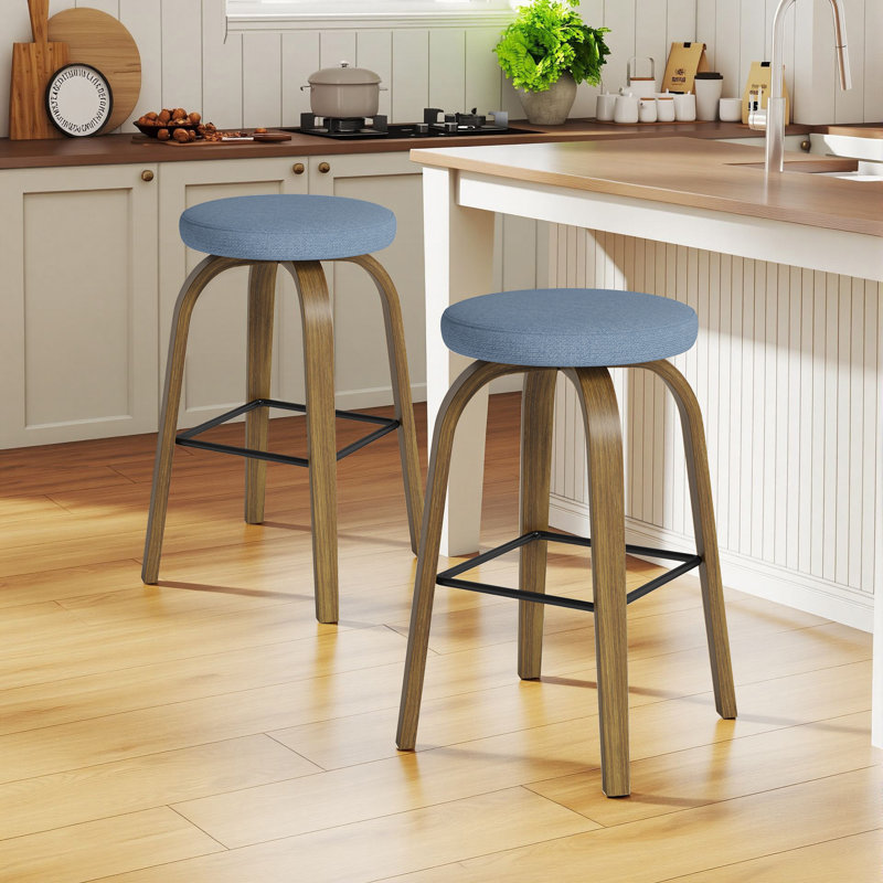 Swivel Upholstered Seat Solid Wood Counter Stool With Metal Footrest,Backless Counter Height Bar Stool (Set Of 2), Blue