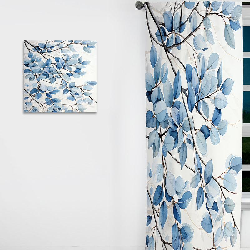 Blue And Grey Leave Bloom - Traditional Curtain - Velvet Room Darkening - 1 panel, 52" W x 95" L