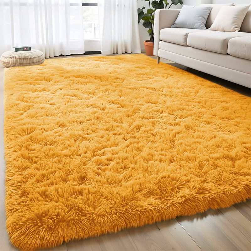 Machine Tufted High Pile Shag Area Rug(Ultra Soft & Fluffy), Ochre, Rectangle 80 x 150 cm