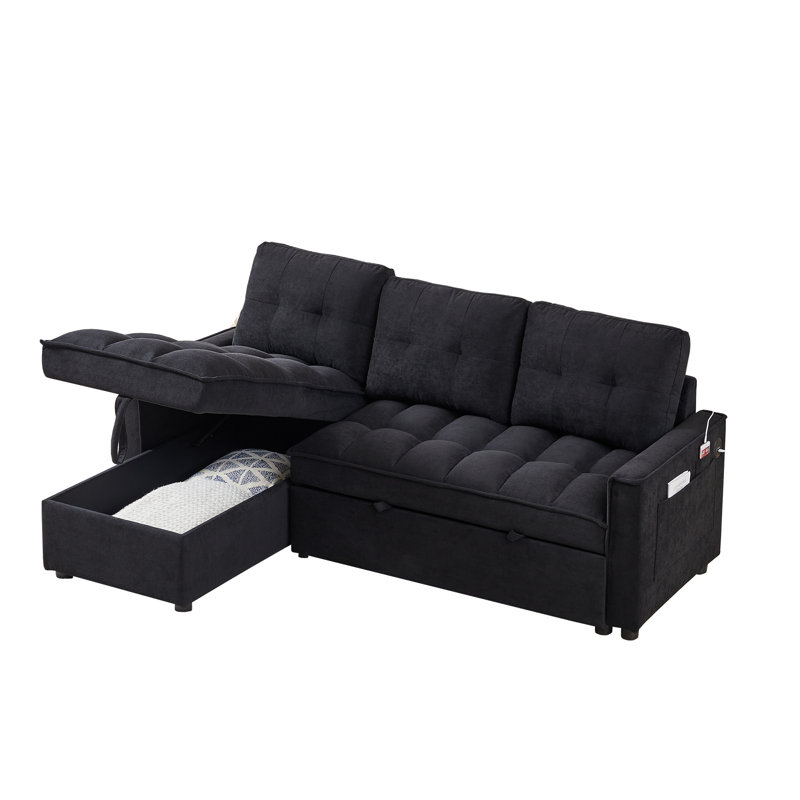 Canapé modulaire convertible en L 71 po avec méridienne et rangement, Black Chenille
