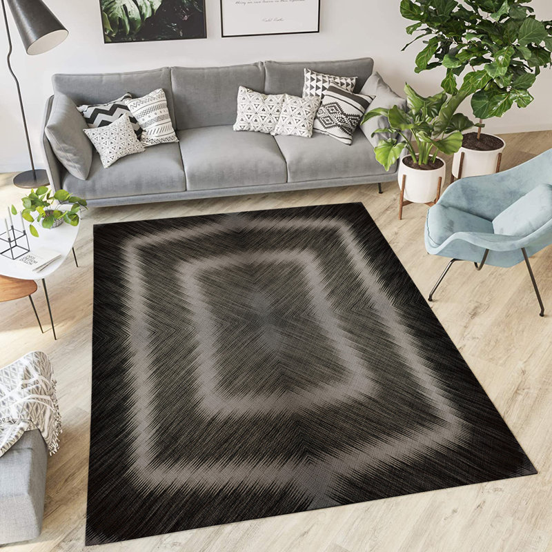 Tapis intérieur / extérieur rectangulaire en polyester tissé à la machine noir / gris, Rectangle 2 pi x 3 pi