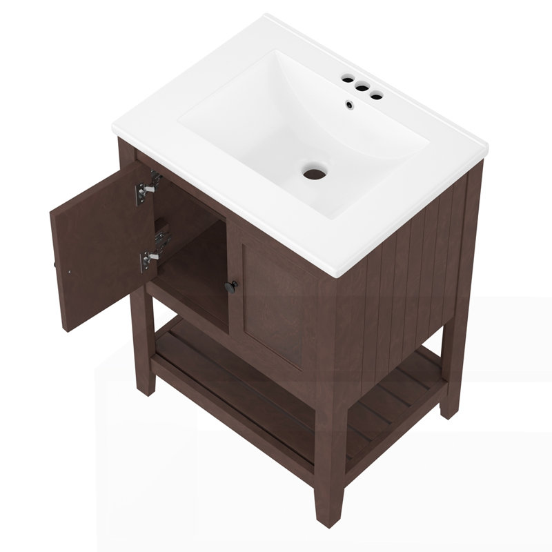 Lavabo de meuble-lavabo moderne élégant en céramique 24 po avec cadre ouvert en bois massif brun