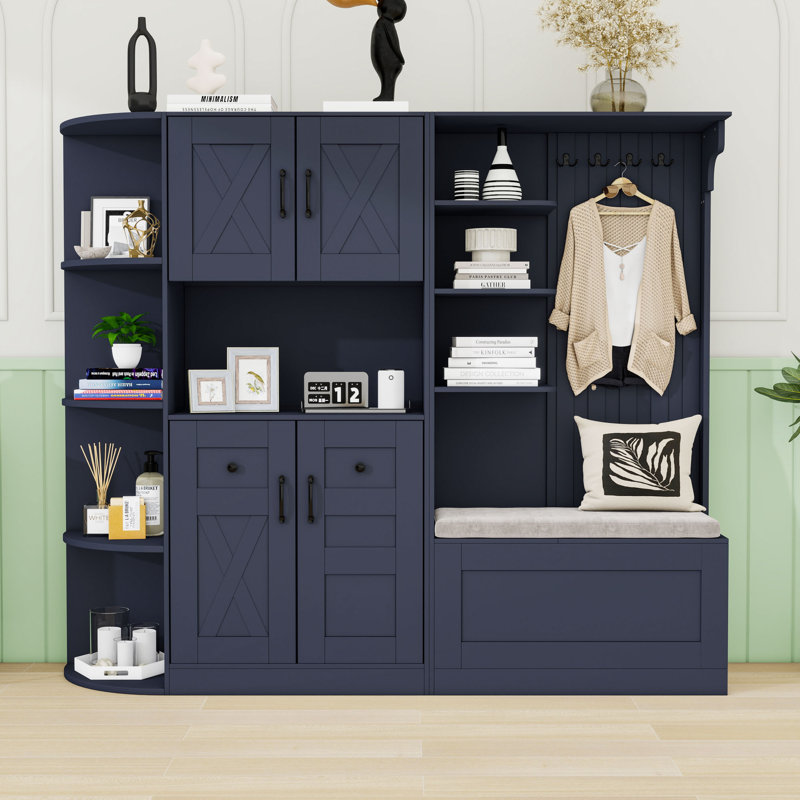 Storage Cabinet and Hall Tree Combination, with Hooks, Storage Cabinet, Open Shelves and Shoe Bench, Antique Blue
