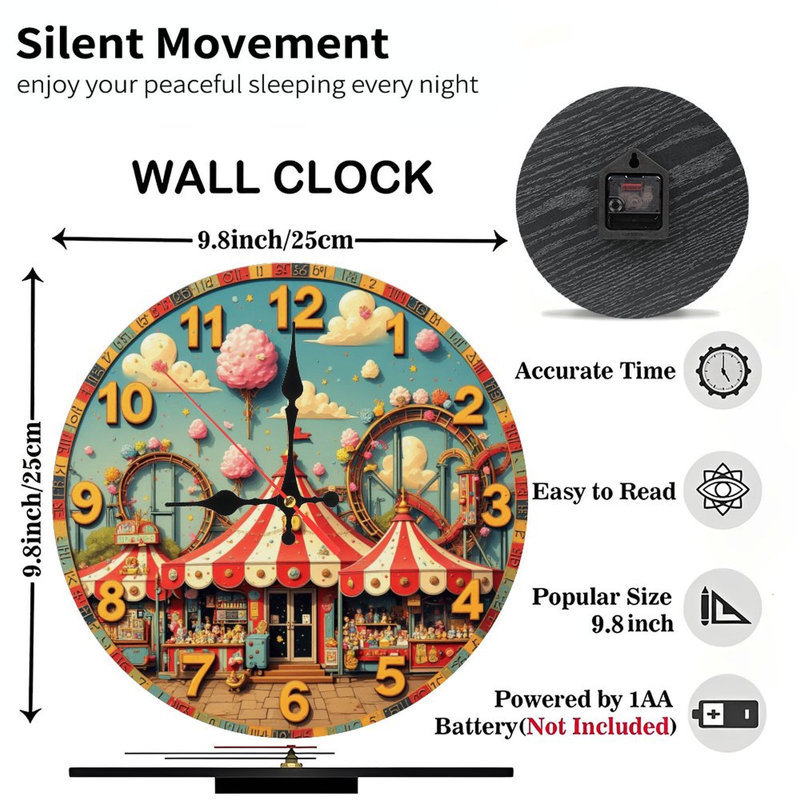 horloge de cirque, carnaval, barbe à papa, montagnes russes