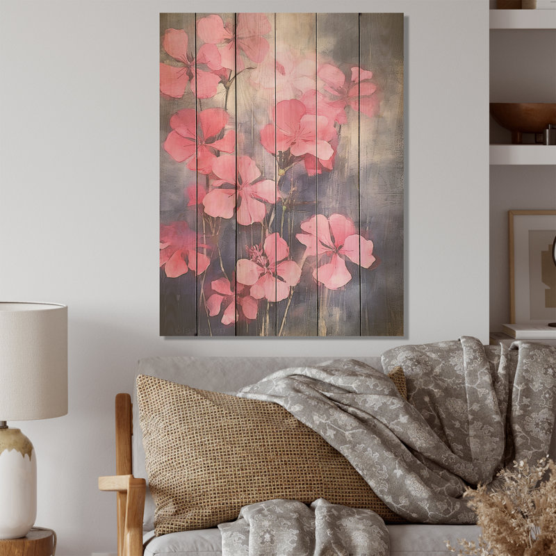 «Blue» and Blue Geranium Minimal Expression I - Geraniums, art mural sur bois de pin naturel, H 40 po x l 30 po