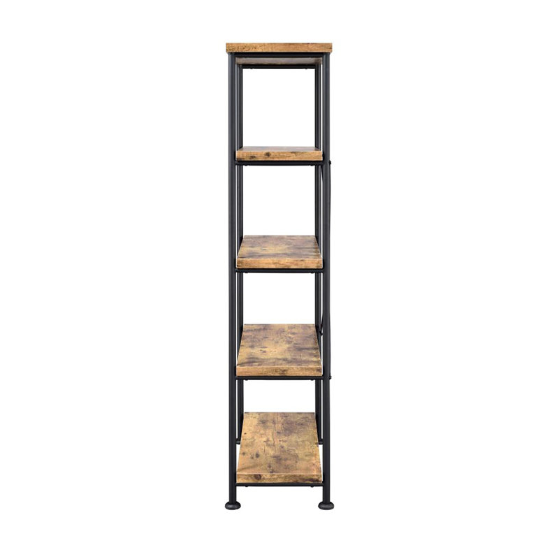 4-Shelf Bookcase With Rustic Nutmeg Finish, Black Powder-Coated Metal, Open , Engineered Wood And Easy To Maintain Frame, Industrial Styling, Clean Surface