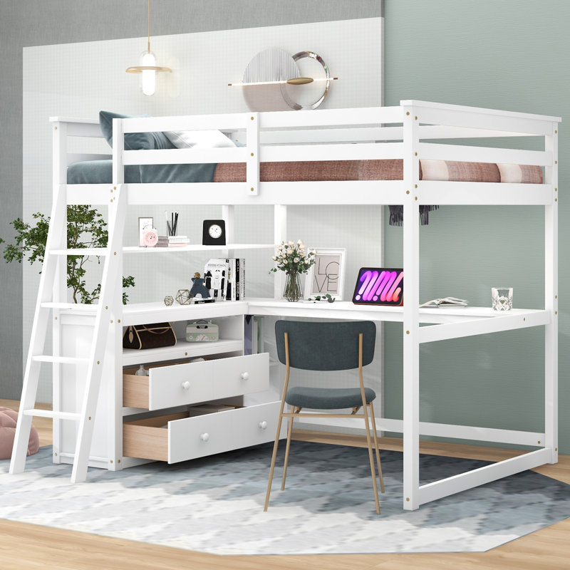 Loft Bed With Desk And Shelves, Full, White