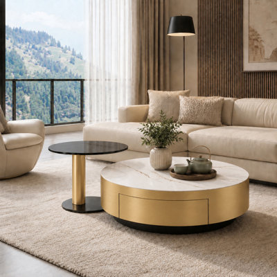 Modern 2-Piece Round Coffee Table Set With Storage Drawer, Sintered Stone Top & Gold Solid Wood Base, and Tempered Glass Side Table