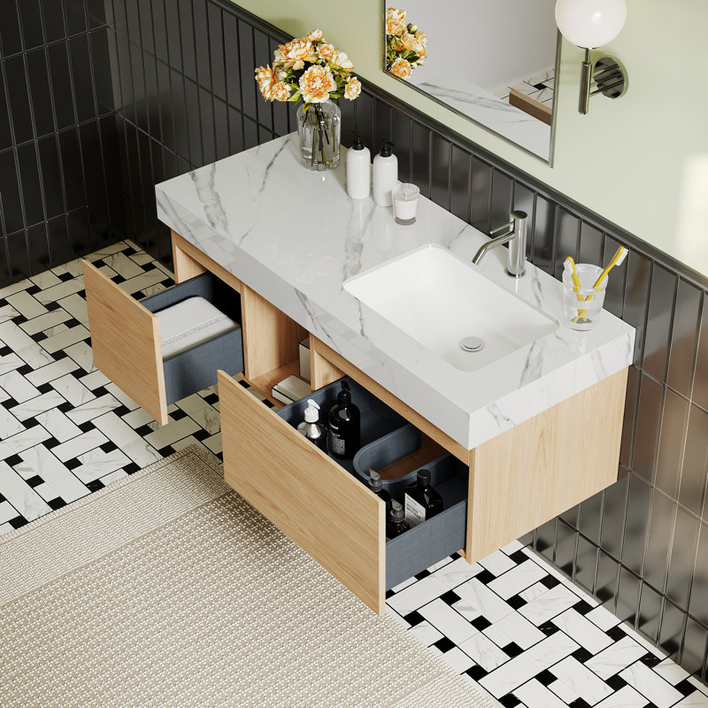 Meuble-lavabo simple 48 po moderne, plateau en pierre frittée blanche brillante, armoires en bois clair
