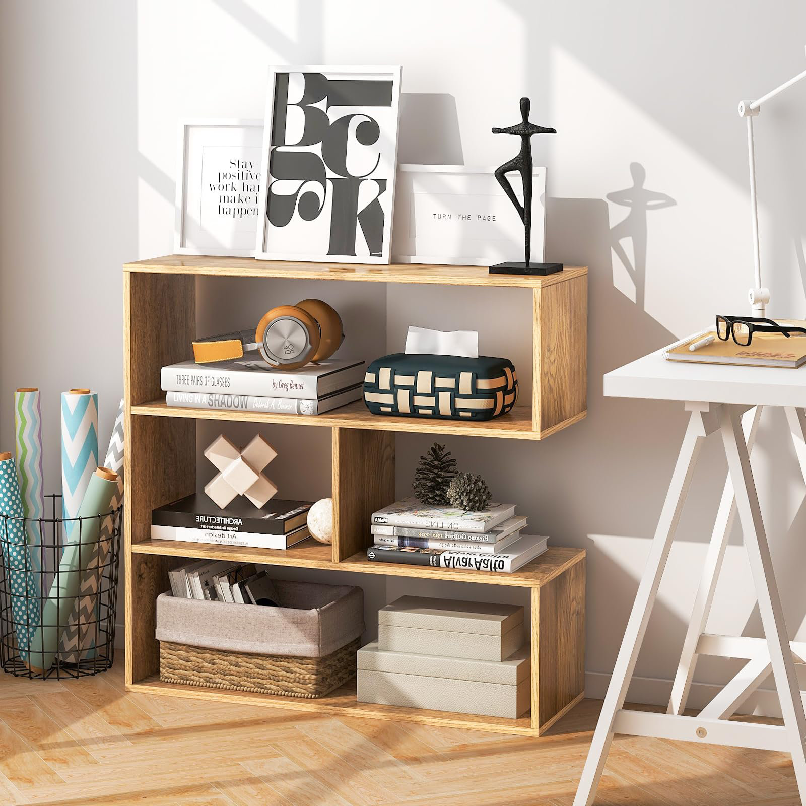George Oliver Bookshelf, Wood Concave Bookcase Open Storage Shelf,(3 ...