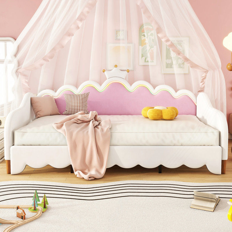 Lit de jour extensible avec lumières DEL, lit de jour rembourré princesse moderne avec tête de lit couronne, Blanc