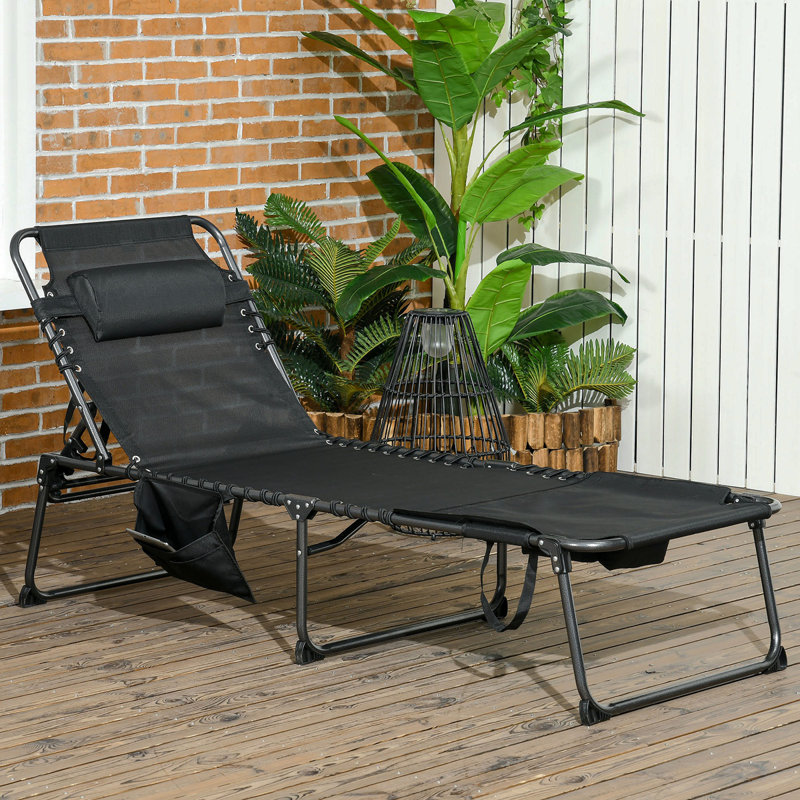 Outsunny Folding Chaise Lounge With 5-Level Reclining Back, Outdoor Tanning Chair With Reading Face Hole, Outdoor Lounge Chair With Side Pocket & Headrest For Beach, Yard, Patio, Black