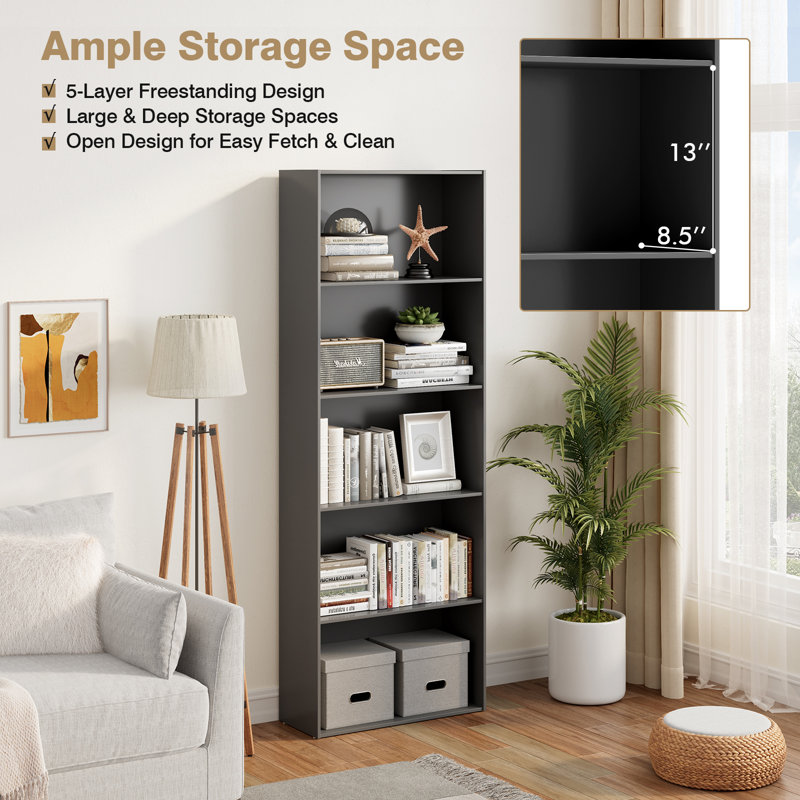 Gethers Modern 67" H x 23.5" W 5-Shelf Storage Bookcase, Gray