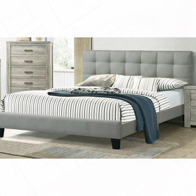 Contemporary Eastern King Size Bed with Grey Polyfiber Tufted Headboard and Platform Frame for Modern Bedrooms