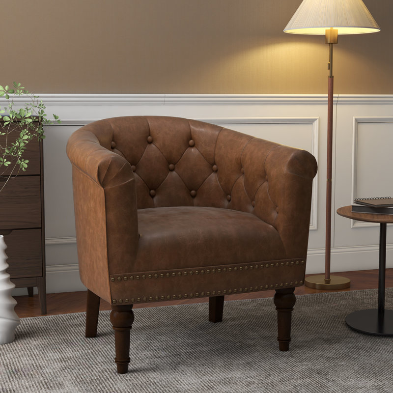 Fauteuil demi-tonneau touffeté en similicuir de 29,88 po Boney, Similicuir brun