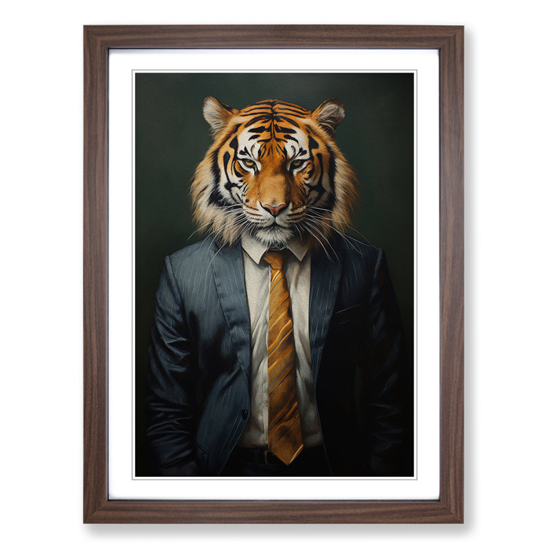 XYZ-FRM-V1223-1634 Tiger In A Suit Painting No.4 - Single Picture Frame Print on Wood, Walnut, 46cm H x 34cm W x 2cm D