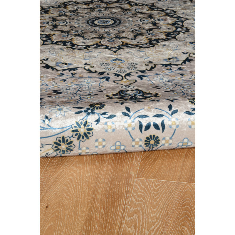 Emanuel Traditional Machine Woven Flatweave Cream and Blue Area Rug with Non Skid Backing, Rectangle 3'3" X 5'