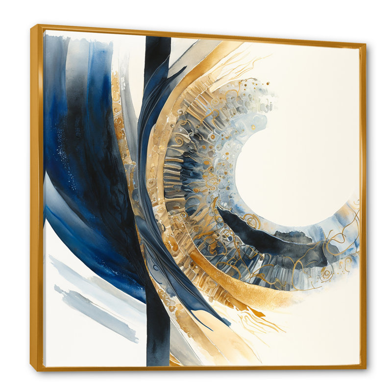 «Blue and Gold Swirl Abstract IV», impression sur toile, H 16 po x l 16 po x P 1 po, Cadre flottant doré