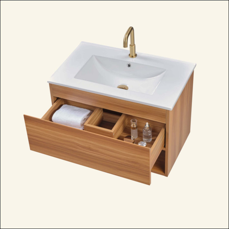 Meuble-lavabo de salle de bain avec lavabo en céramique - Meuble-lavabo mural flottant cannelé avec tiroirs, moderne, 23"