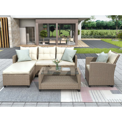 U_STYLE Extérieur, Ensemble de meubles de patio, Ensemble de conversation 4 pièces Canapé modulaire en osier avec coussins de conversation