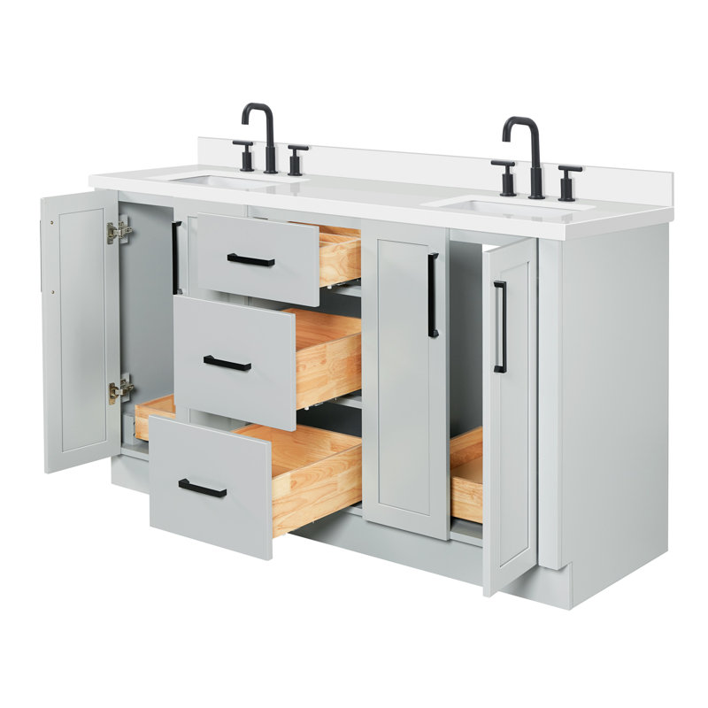 Meuble-lavabo double rectangulaire de 155 cm avec comptoir en quartz blanc pur de 3,8 cm d'épaisseur et finition grise., Gris