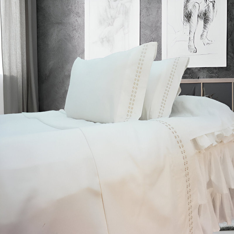 400TC Sateen Solid Cotton Dot Embroidered Cotton 4 Piece Sheet Set Fitted Sheet Fits Upto 16" Deep Pocket, Taupe Border