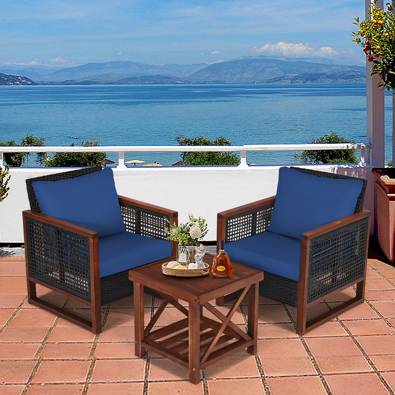 Ensemble de conversation en rotin 3 pièces avec coussins Krawczyk, Bleu marine