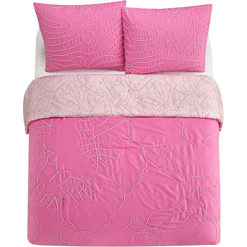 3-piece Tufted Embroidery Pink Flowers And Waves Comforter Set