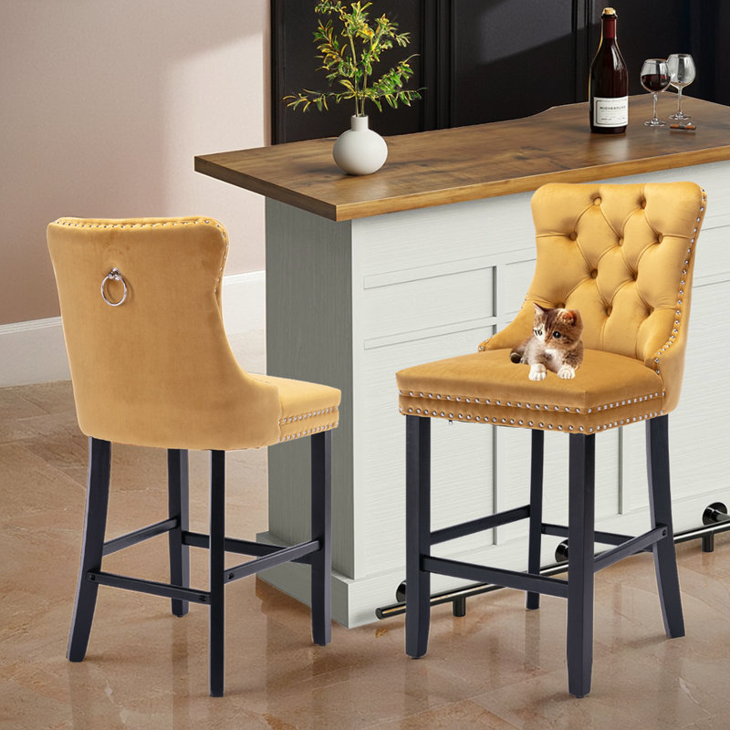 Contemporary Velvet Barstools With Button Tufted Nailhead Trim(Set of 2), Yellow Velvet/Black Frame