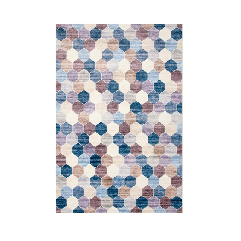 Tapis ivoire et bleu 7 pi x 10 pi à motif géométrique délavé, Rectangulaire 7 pi x 10 pi