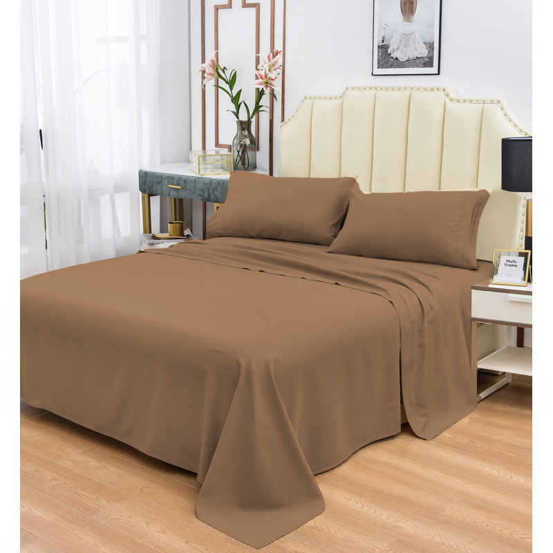  Ensemble de draps 1800 fils en rayonne de bambou, Brun, Double