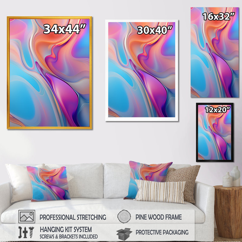 «Transitional Pink and Blue Shapes VI», art mural abstrait sur toile, Cadre flottant doré, H 20 po x l 12 po x P 1 po