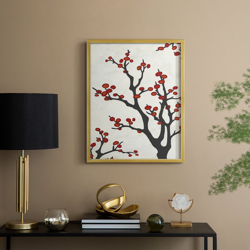 Red Berry Branch II Framed Print - Solid Wood, 30" H x 24" W, Gold