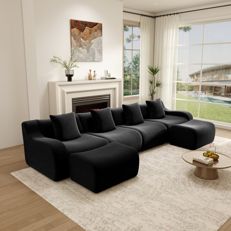 Canapé modulaire en U à 4 places avec accoudoirs incurvés et accoudoirs courbés, noir, Noir