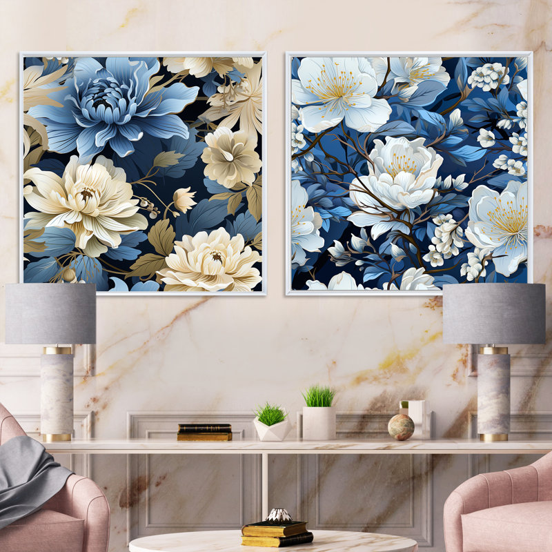 Annemasse - Ensemble de 2 collages carrés floraux, H 16 po x l 33 po, Cadre flottant blanc
