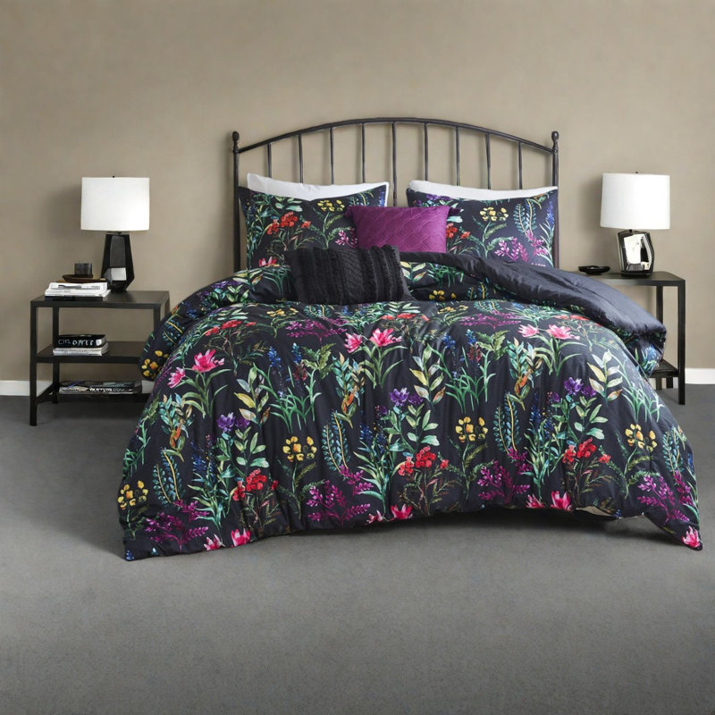 Ensemble de literie luxueux en polyester noir, motif floral glamour, très grand