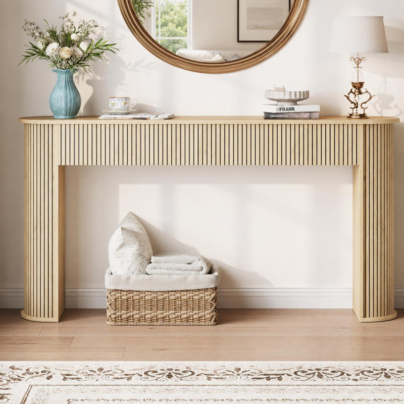 Console moderne à pieds courbés, table d'appoint autoportante pour le couloir, bois naturel, Oak Wood / Beige, Beige