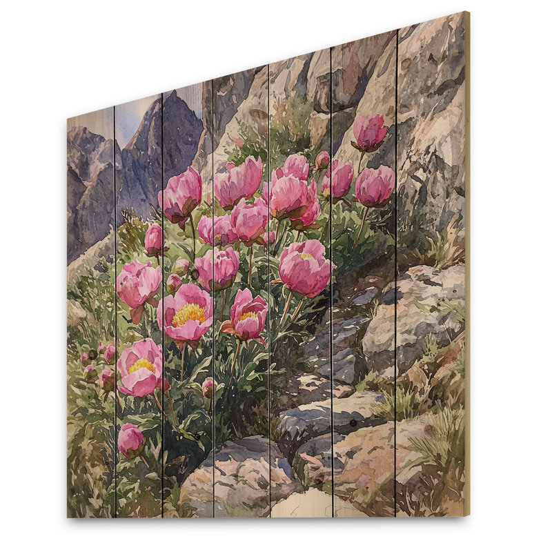 Pivoines le long du sentier de montagne II - Décoration murale en bois de pivoines - sur bois de pin naturel