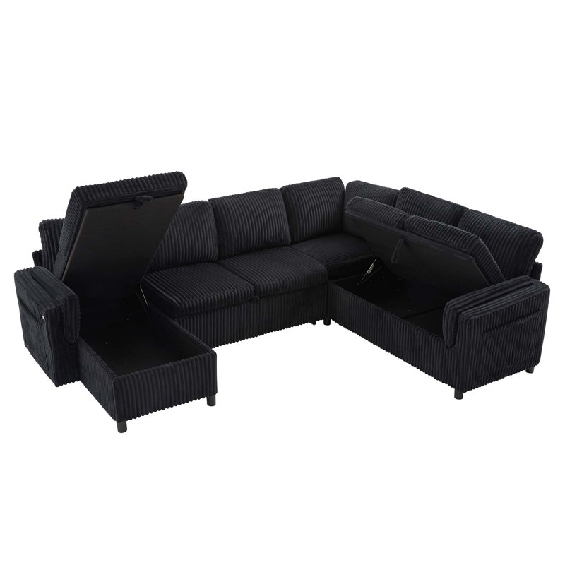 Canapé-lit modulaire convertible en forme de U avec chargement USB et rangement caché, Velours côtelé noir