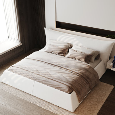 Queen Size, Cream Velvet, Upholstered Platform Bed, Ergonomic Soft Cushioned Headboard, Solid Pine Bed Slats, Embedded Design With Special Velvet Head