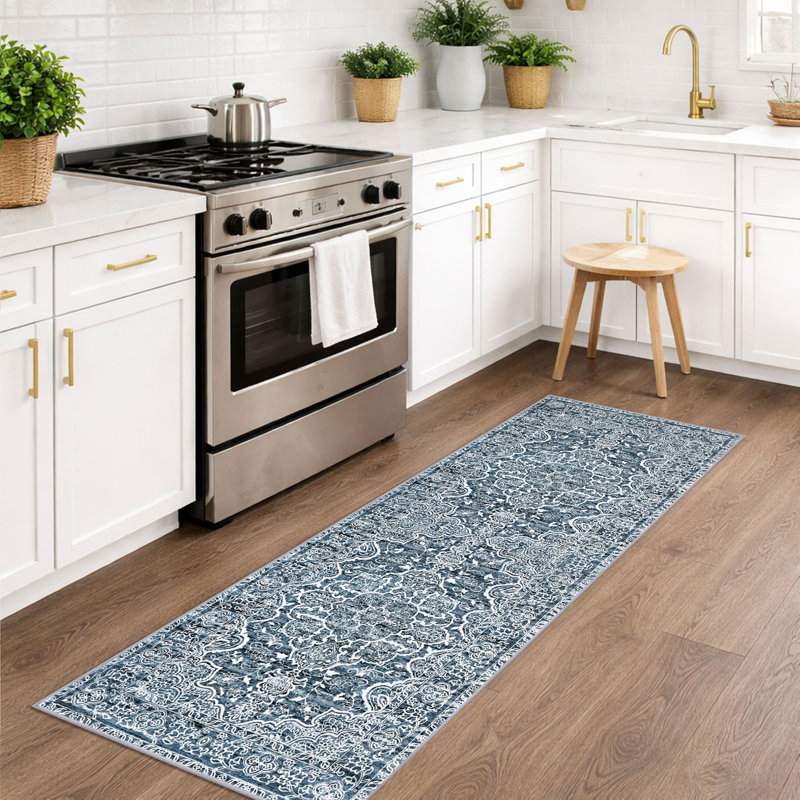  Tapis lavables à la machine avec envers en caoutchouc pour le salon, Blue/White, Tapis de couloir 2 pi x 6 pi